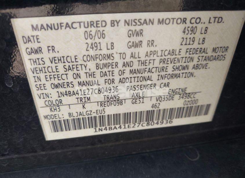 Photo 9 of 2007 Nissan Maxima 3.5 SL (VIN 1N4BA41E27C804936)