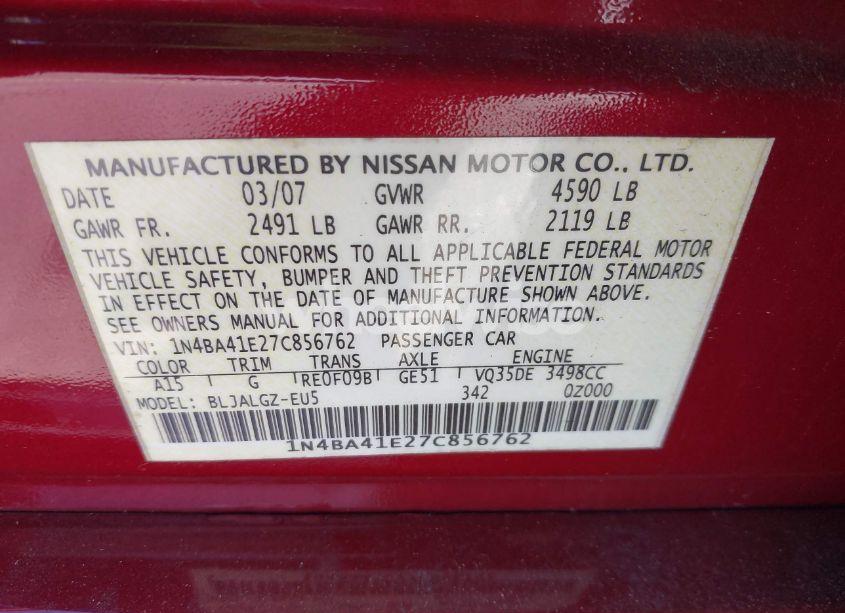 Photo 9 of 2007 Nissan Maxima 3.5 SL (VIN 1N4BA41E27C856762)