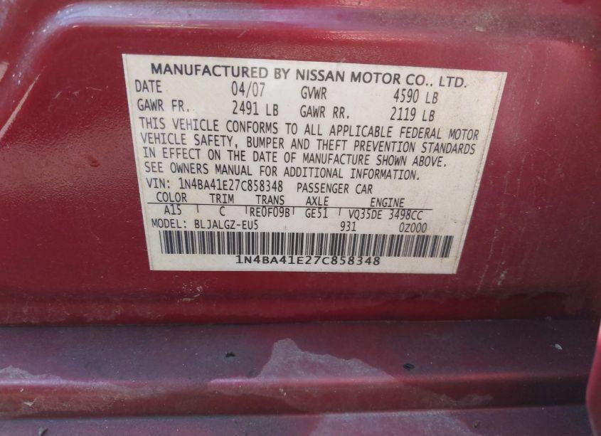 Photo 9 of 2007 Nissan Maxima 3.5 SL (VIN 1N4BA41E27C858348)