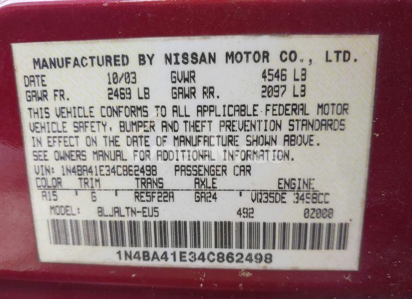 Photo 9 of 2004 Nissan Maxima 3.5 SE (VIN 1N4BA41E34C862498)