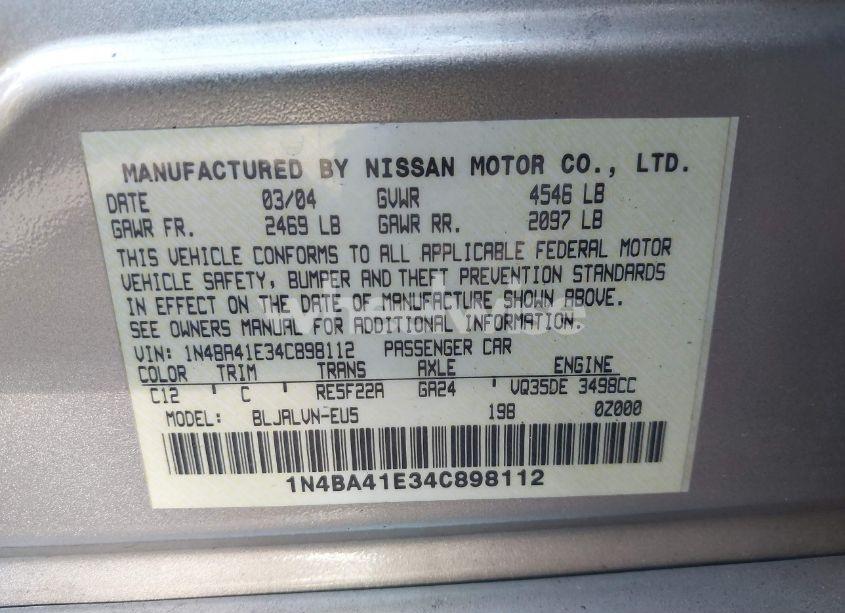 Photo 9 of 2004 Nissan Maxima 3.5 SL (VIN 1N4BA41E34C898112)
