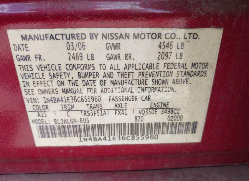 Photo 9 of 2006 Nissan Maxima 3.5 SL (VIN 1N4BA41E36C855960)