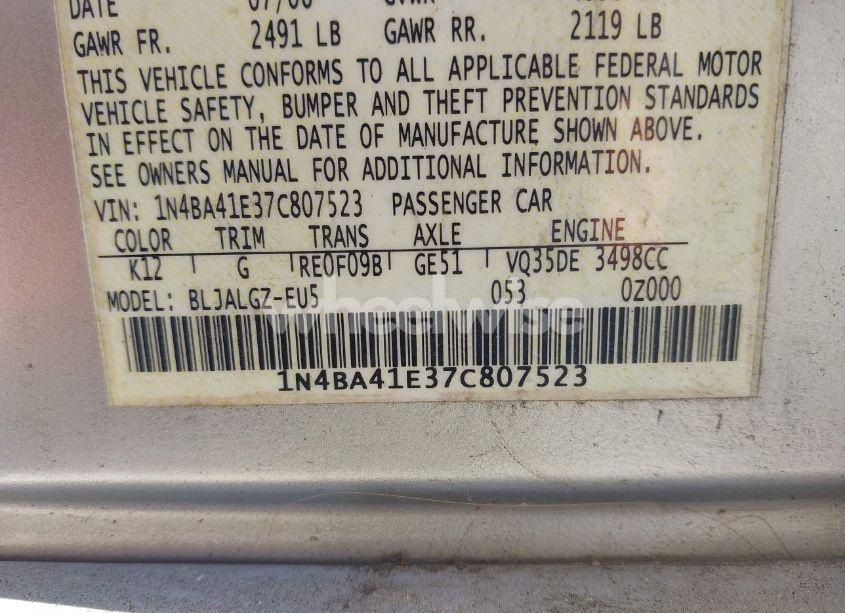 Photo 9 of 2007 Nissan Maxima 3.5 SL (VIN 1N4BA41E37C807523)