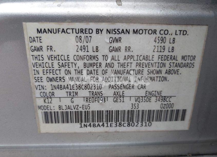 Photo 9 of 2008 Nissan Maxima 3.5 SE (VIN 1N4BA41E38C802310)