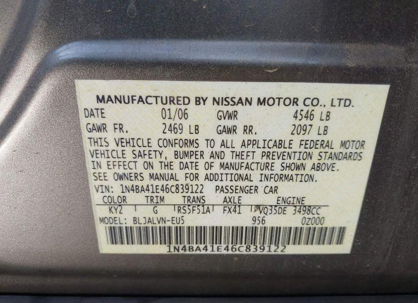 Photo 9 of 2006 Nissan Maxima 3.5 SE (VIN 1N4BA41E46C839122)