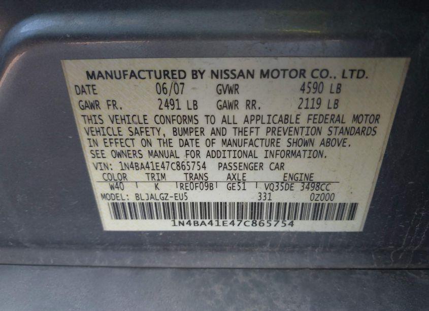 Photo 9 of 2007 Nissan Maxima 3.5 SL (VIN 1N4BA41E47C865754)