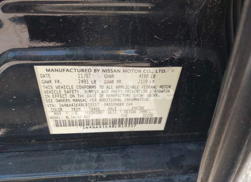 Photo 9 of 2008 Nissan Maxima 3.5 SE (VIN 1N4BA41E48C819357)