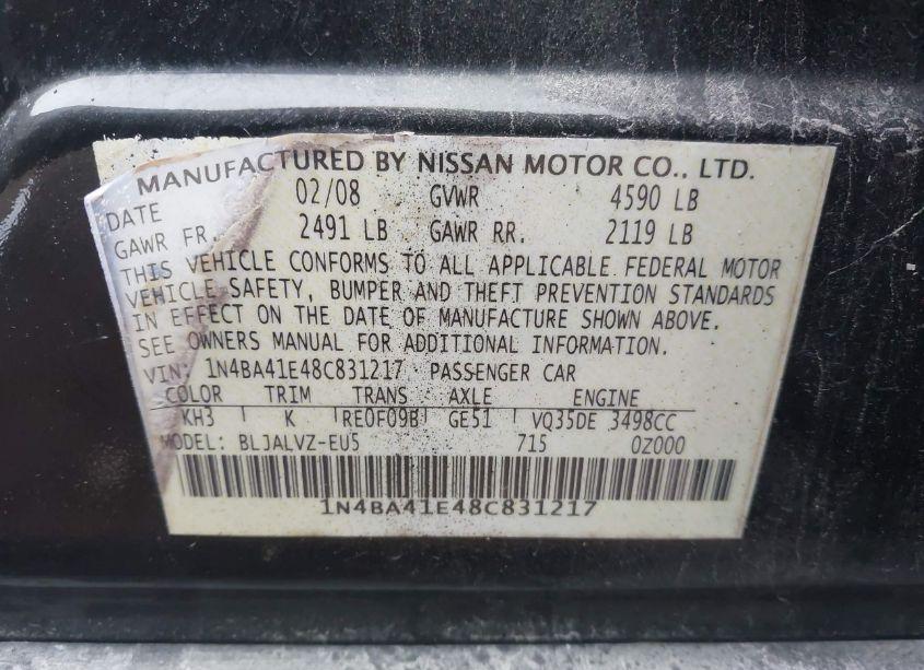 Photo 9 of 2008 Nissan Maxima 3.5 SE (VIN 1N4BA41E48C831217)