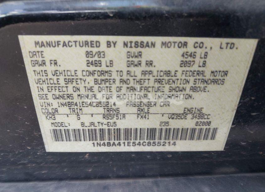 Photo 9 of 2004 Nissan Maxima 3.5 SE (VIN 1N4BA41E54C855214)