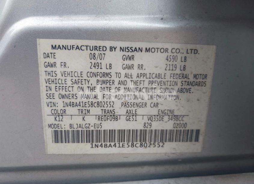 Photo 9 of 2008 Nissan Maxima 3.5 SL (VIN 1N4BA41E58C802552)