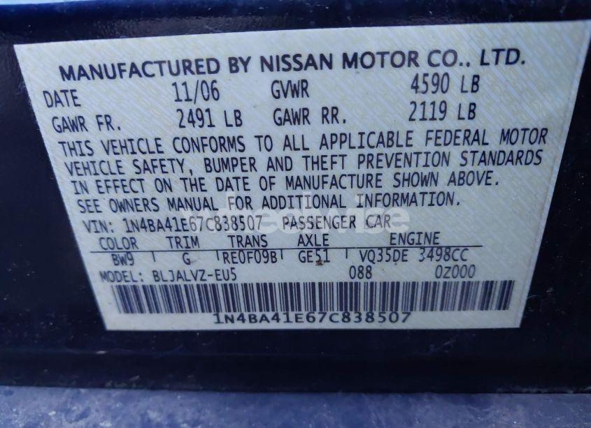 Photo 9 of 2007 Nissan Maxima 3.5 SE (VIN 1N4BA41E67C838507)