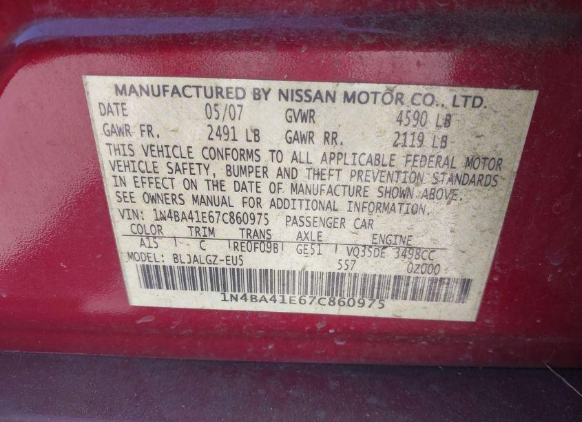 Photo 9 of 2007 Nissan Maxima 3.5 SL (VIN 1N4BA41E67C860975)