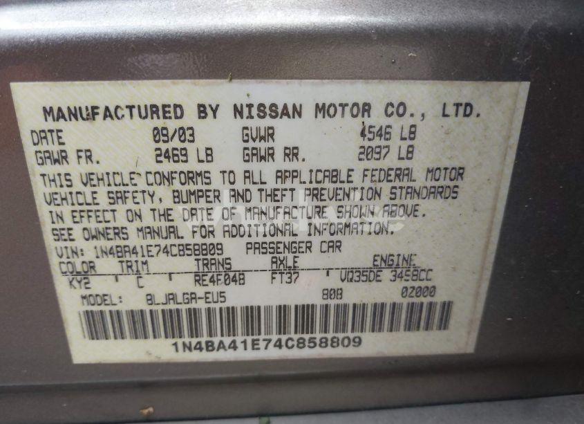 Photo 9 of 2004 Nissan Maxima 3.5 SL (VIN 1N4BA41E74C858809)