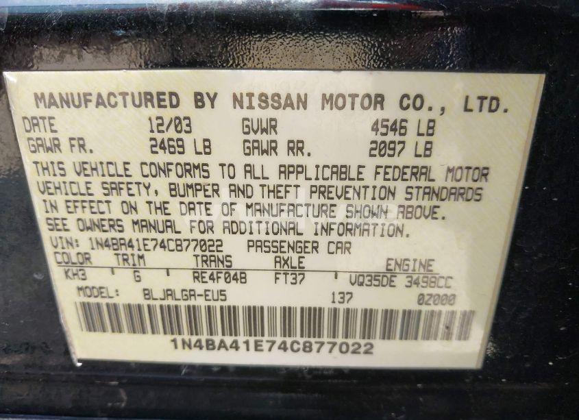 Photo 9 of 2004 Nissan Maxima 3.5 SL (VIN 1N4BA41E74C877022)