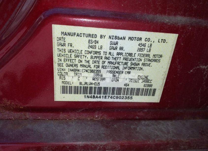 Photo 9 of 2004 Nissan Maxima 3.5 SL (VIN 1N4BA41E74C902355)