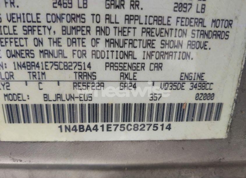 Photo 9 of 2005 Nissan Maxima 3.5 SL (VIN 1N4BA41E75C827514)