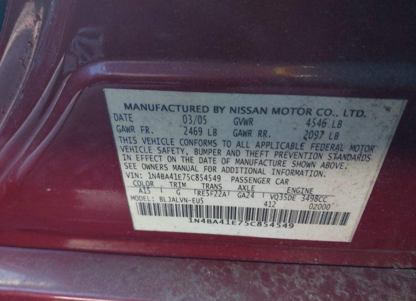 Photo 9 of 2005 Nissan Maxima 3.5 SL (VIN 1N4BA41E75C854549)
