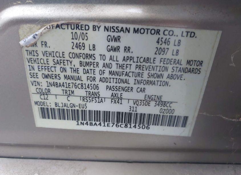 Photo 9 of 2006 Nissan Maxima 3.5 SL (VIN 1N4BA41E76C814506)
