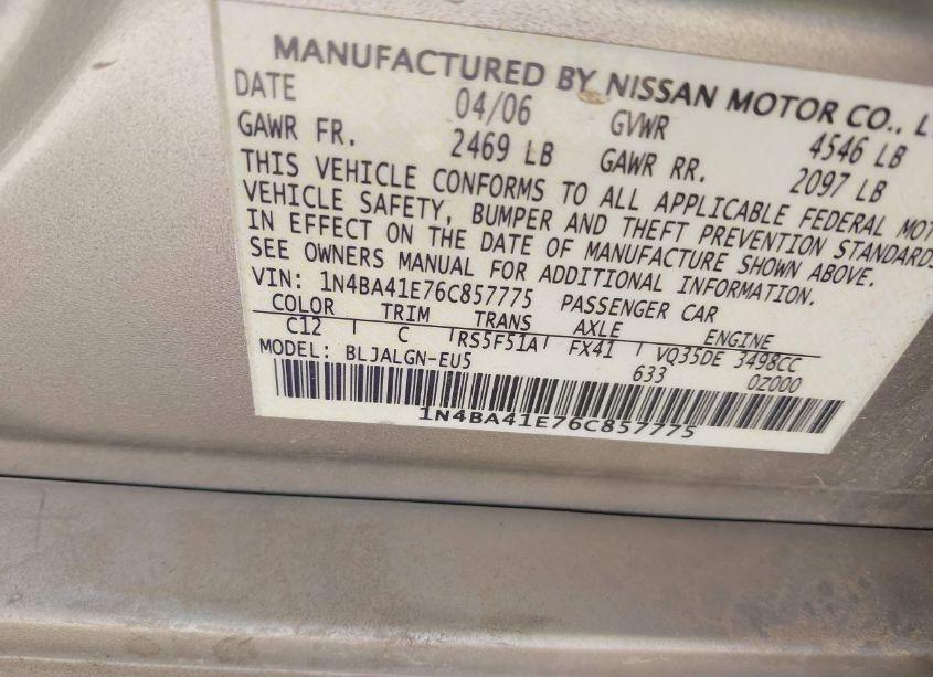 Photo 9 of 2006 Nissan Maxima SE/SL (VIN 1N4BA41E76C857775)