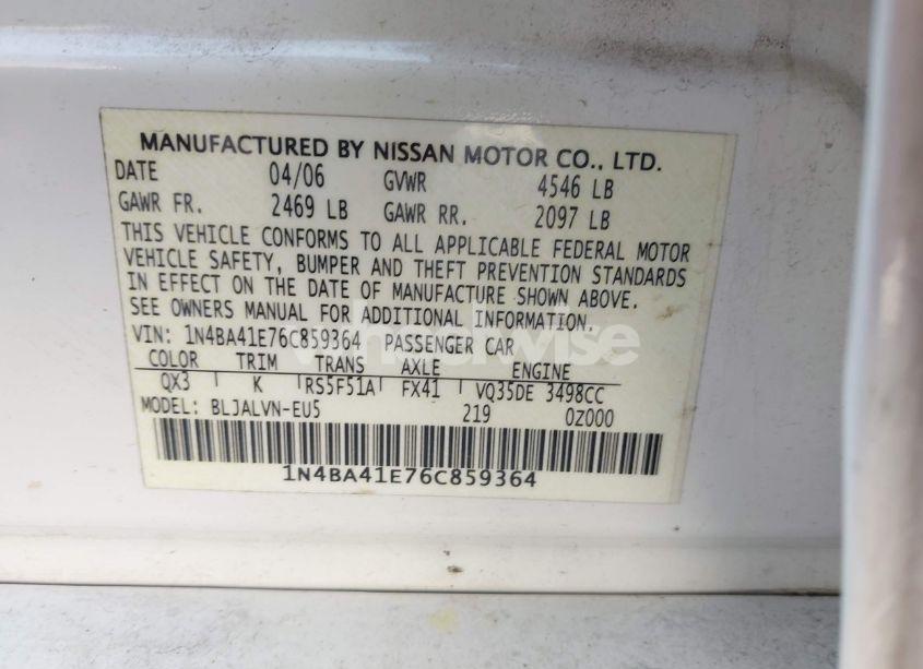 Photo 9 of 2006 Nissan Maxima 3.5 SE (VIN 1N4BA41E76C859364)