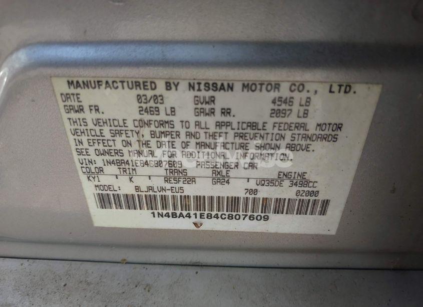 Photo 9 of 2004 Nissan Maxima 3.5 SE (VIN 1N4BA41E84C807609)