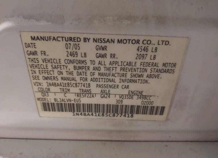 Photo 9 of 2005 Nissan Maxima 3.5 SL (VIN 1N4BA41E85C877418)