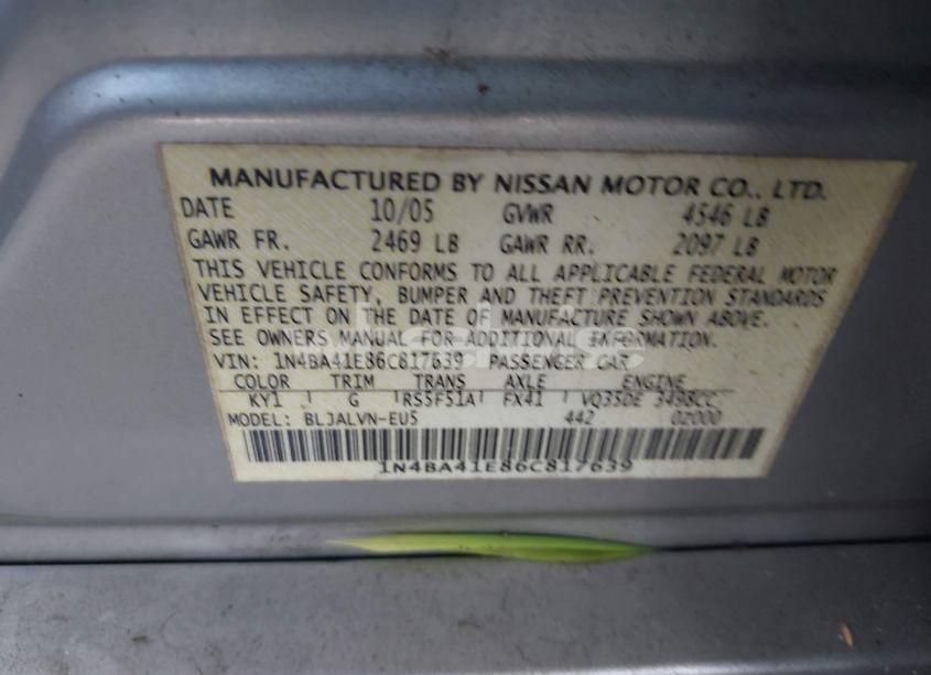 Photo 9 of 2006 Nissan Maxima 3.5 SE (VIN 1N4BA41E86C817639)
