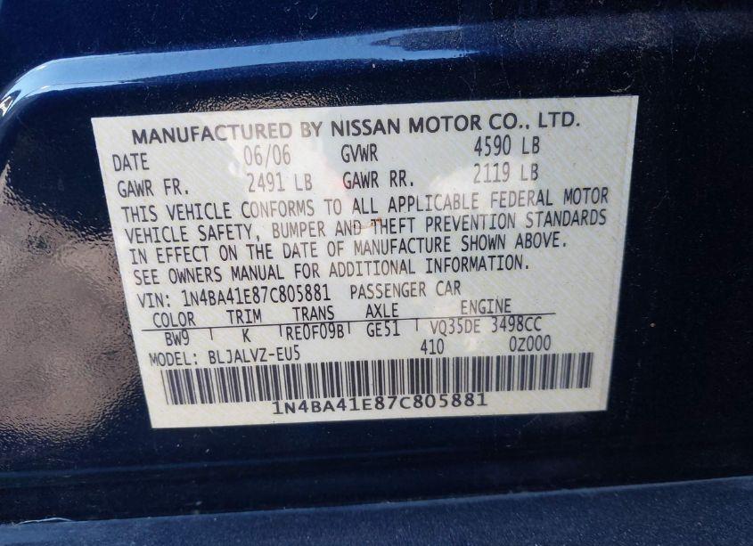 Photo 9 of 2007 Nissan Maxima 3.5 SE (VIN 1N4BA41E87C805881)