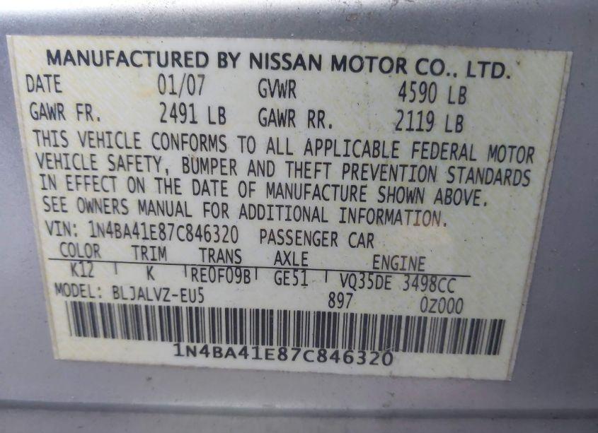 Photo 9 of 2007 Nissan Maxima 3.5 SE (VIN 1N4BA41E87C846320)