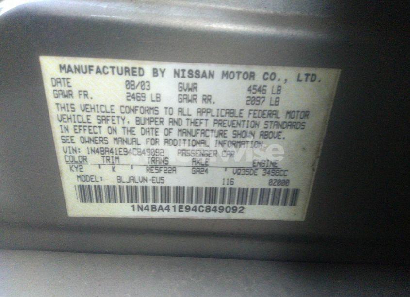 Photo 9 of 2004 Nissan Maxima 3.5 SE (VIN 1N4BA41E94C849092)