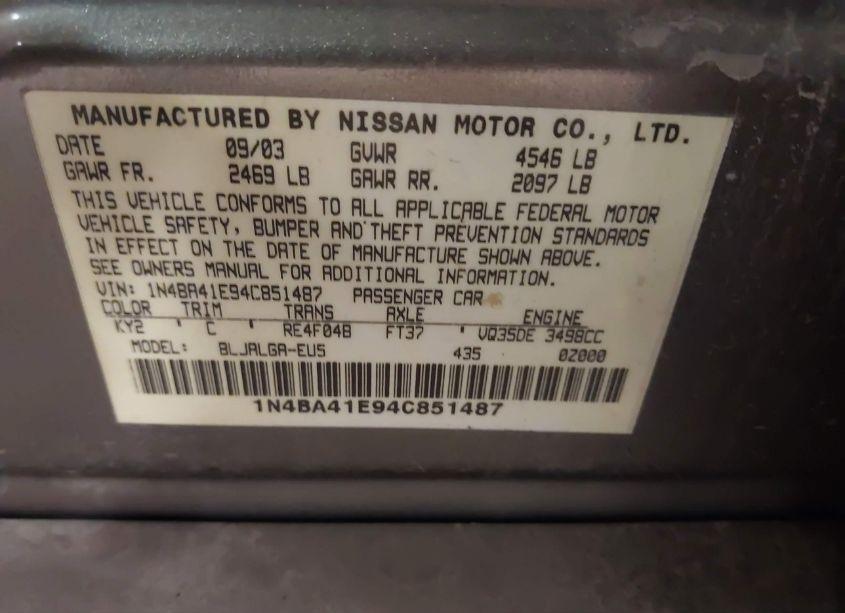 Photo 9 of 2004 Nissan Maxima 3.5 SL (VIN 1N4BA41E94C851487)
