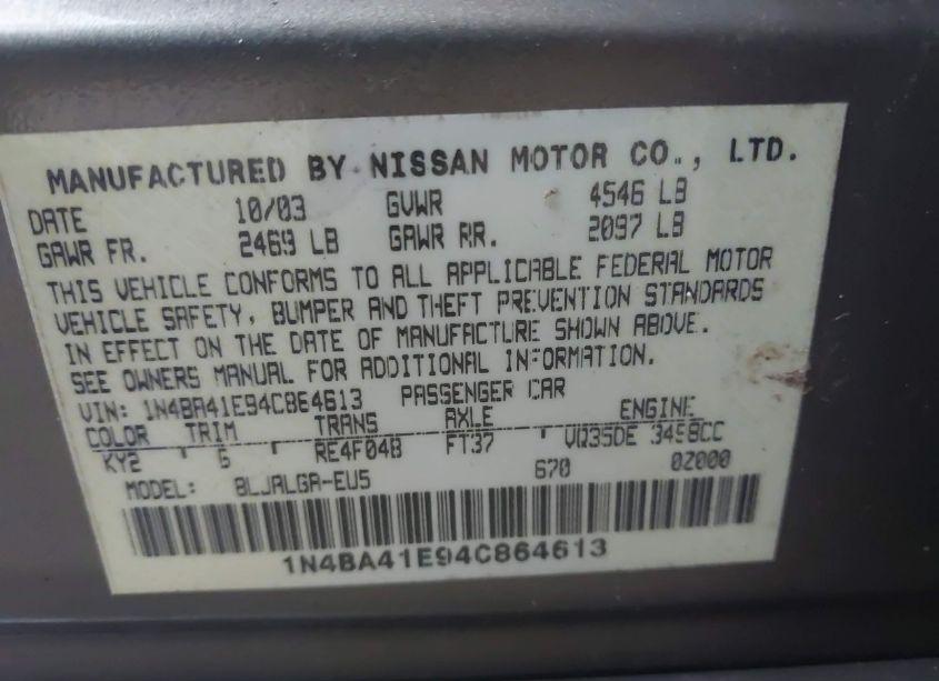 Photo 9 of 2004 Nissan Maxima 3.5 SL (VIN 1N4BA41E94C864613)