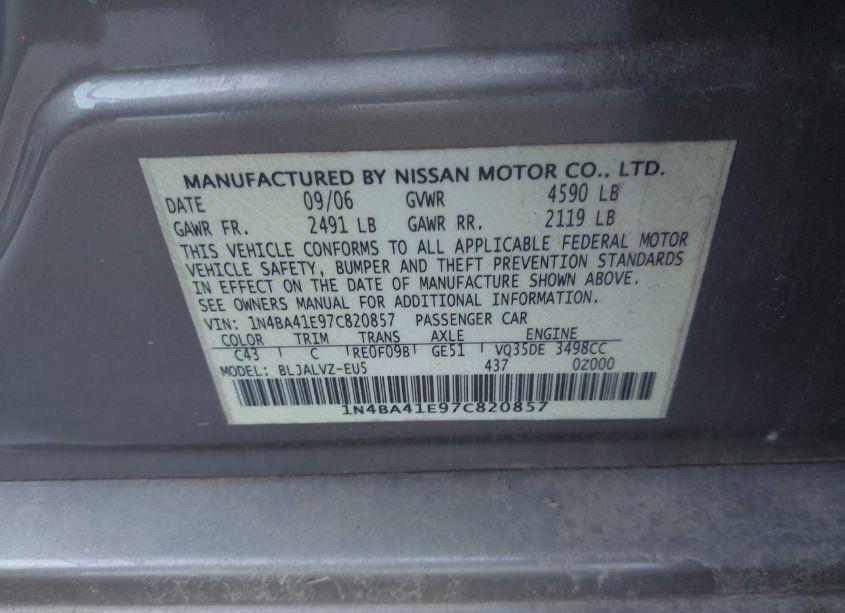 Photo 9 of 2007 Nissan Maxima 3.5 SE (VIN 1N4BA41E97C820857)
