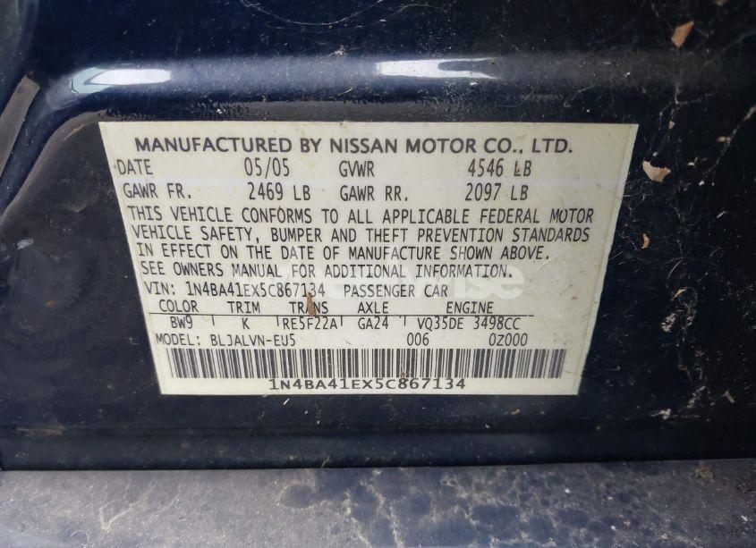 Photo 9 of 2005 Nissan Maxima 3.5 SE (VIN 1N4BA41EX5C867134)