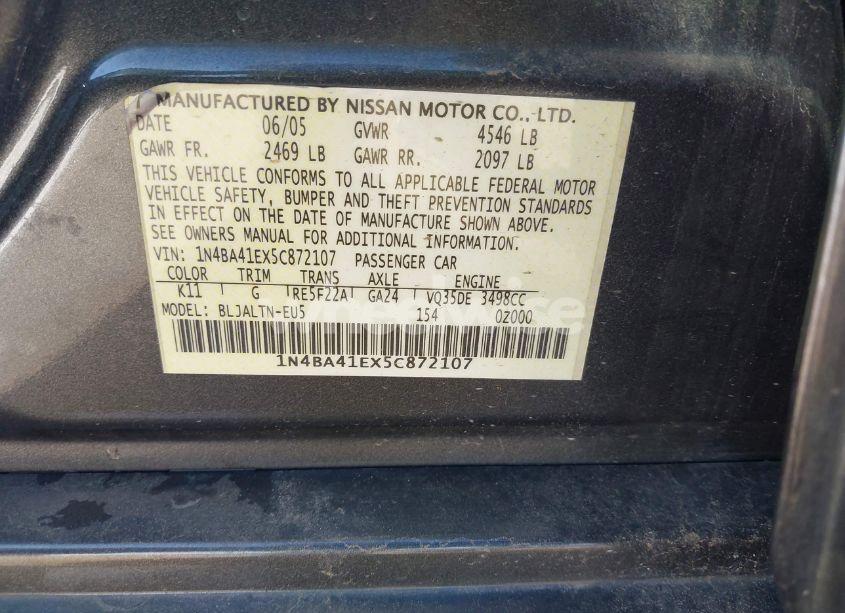 Photo 9 of 2005 Nissan Maxima 3.5 SE (VIN 1N4BA41EX5C872107)