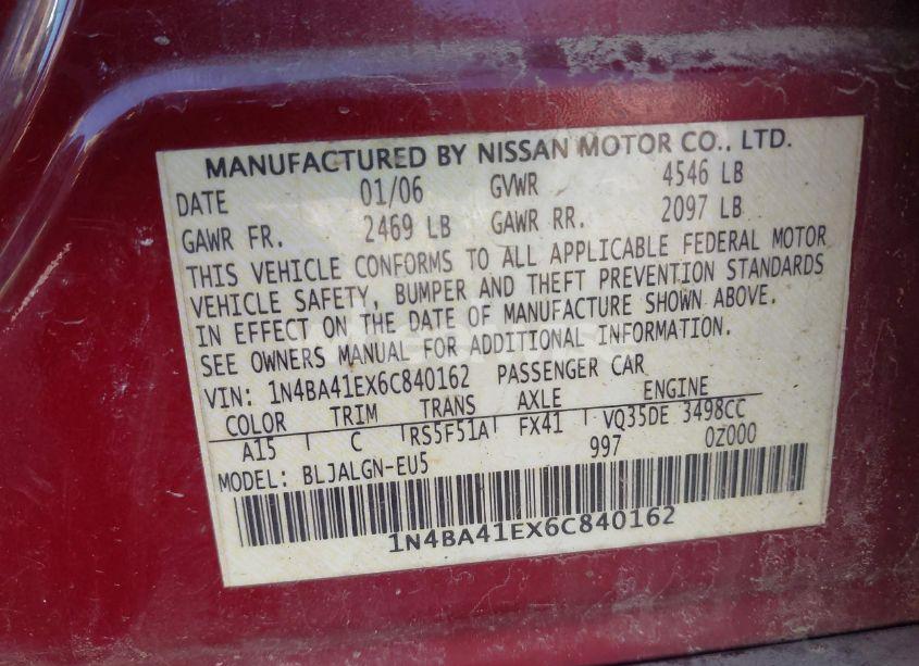 Photo 9 of 2006 Nissan Maxima 3.5 SL (VIN 1N4BA41EX6C840162)