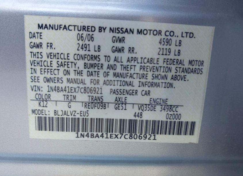 Photo 9 of 2007 Nissan Maxima 3.5 SE (VIN 1N4BA41EX7C806921)