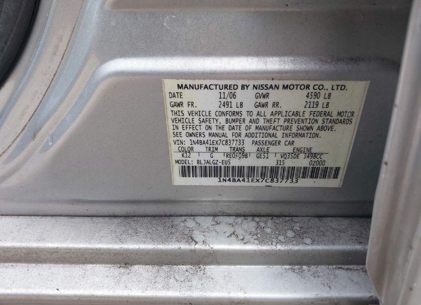 Photo 9 of 2007 Nissan Maxima 3.5 SL (VIN 1N4BA41EX7C837733)