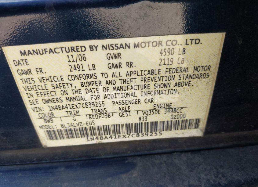 Photo 9 of 2007 Nissan Maxima 3.5 SE (VIN 1N4BA41EX7C839255)