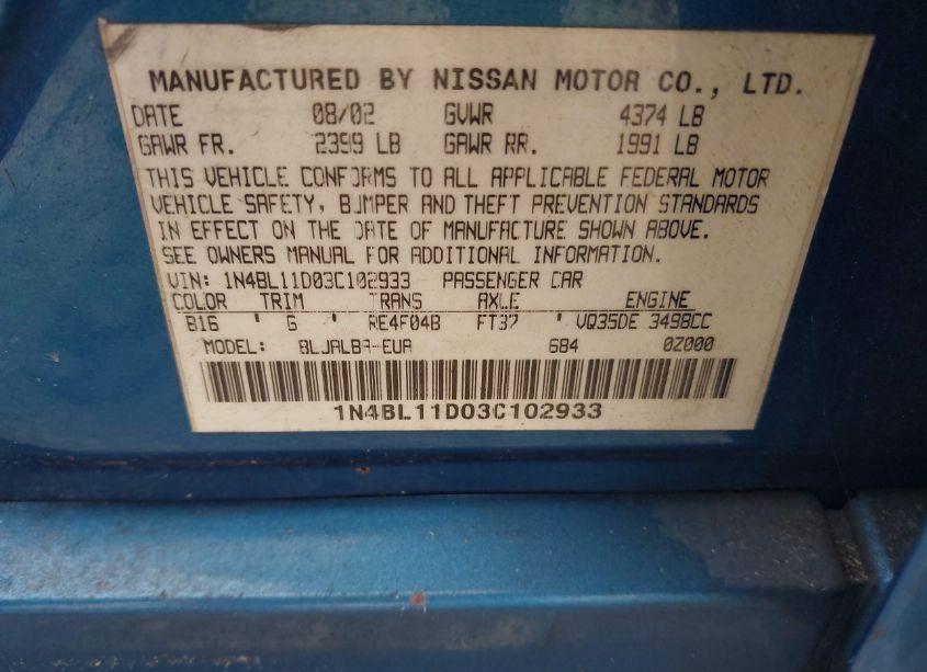 Photo 9 of 2003 Nissan Altima 3.5 SE (VIN 1N4BL11D03C102933)