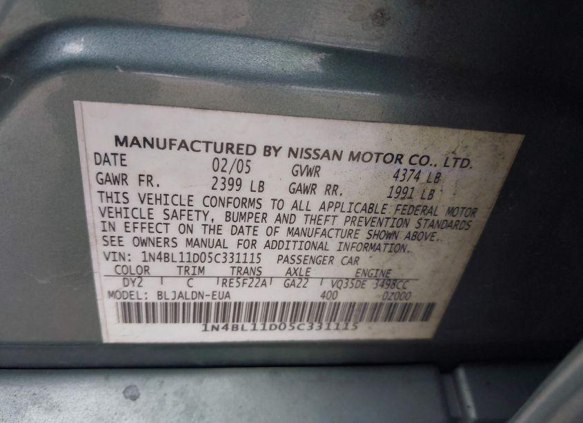 Photo 9 of 2005 Nissan Altima 3.5 SL (VIN 1N4BL11D05C331115)
