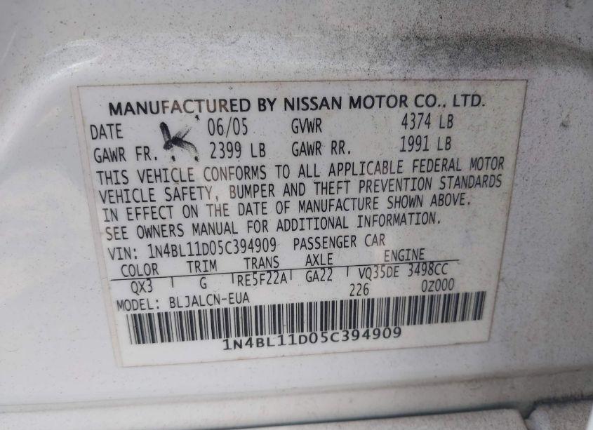 Photo 9 of 2005 Nissan Altima 3.5 SE (VIN 1N4BL11D05C394909)