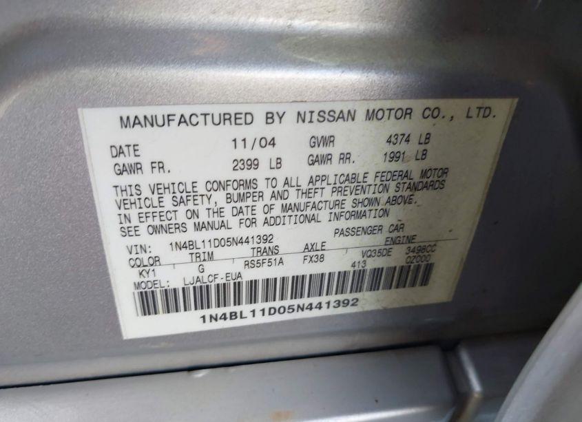 Photo 9 of 2005 Nissan Altima 3.5 SE (VIN 1N4BL11D05N441392)