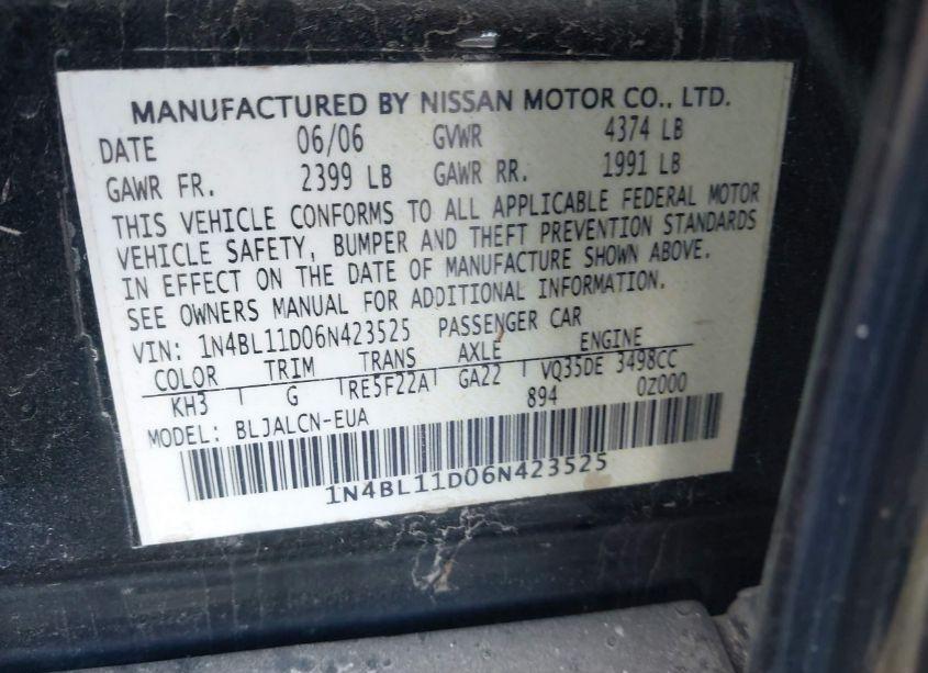 Photo 9 of 2006 Nissan Altima 3.5 SE (VIN 1N4BL11D06N423525)