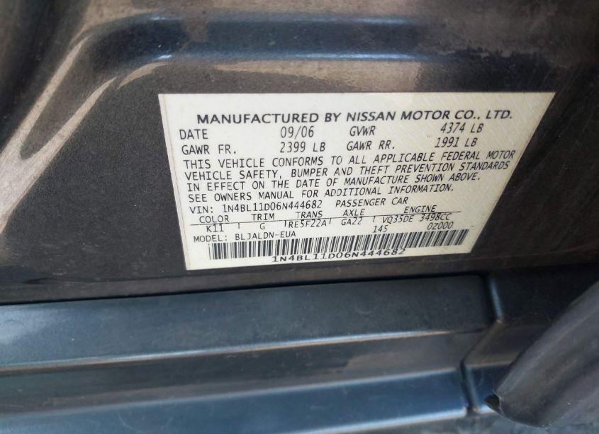 Photo 9 of 2006 Nissan Altima 3.5 SL (VIN 1N4BL11D06N444682)