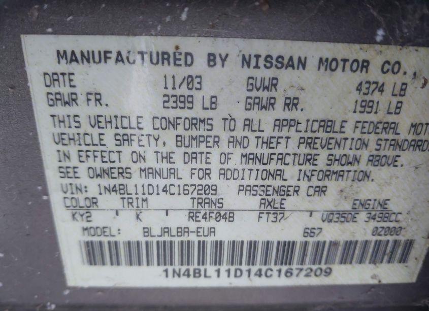Photo 9 of 2004 Nissan Altima 3.5 SE (VIN 1N4BL11D14C167209)