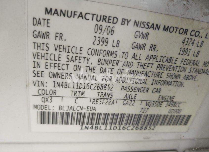 Photo 9 of 2006 Nissan Altima 3.5 SE (VIN 1N4BL11D16C268852)