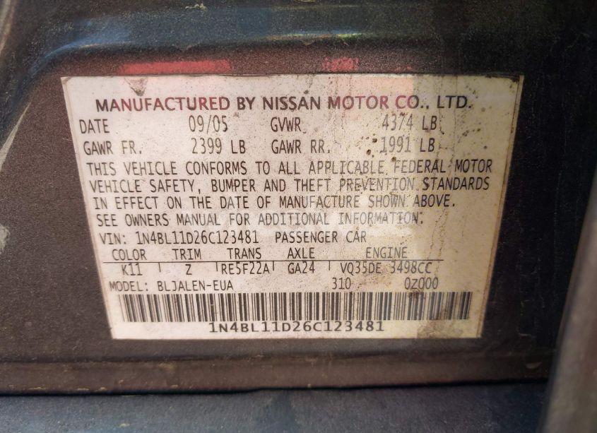 Photo 9 of 2006 Nissan Altima 3.5 SE-R (VIN 1N4BL11D26C123481)