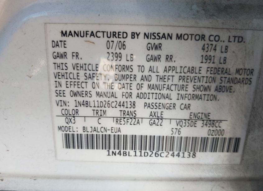 Photo 9 of 2006 Nissan Altima 3.5 SE (VIN 1N4BL11D26C244138)