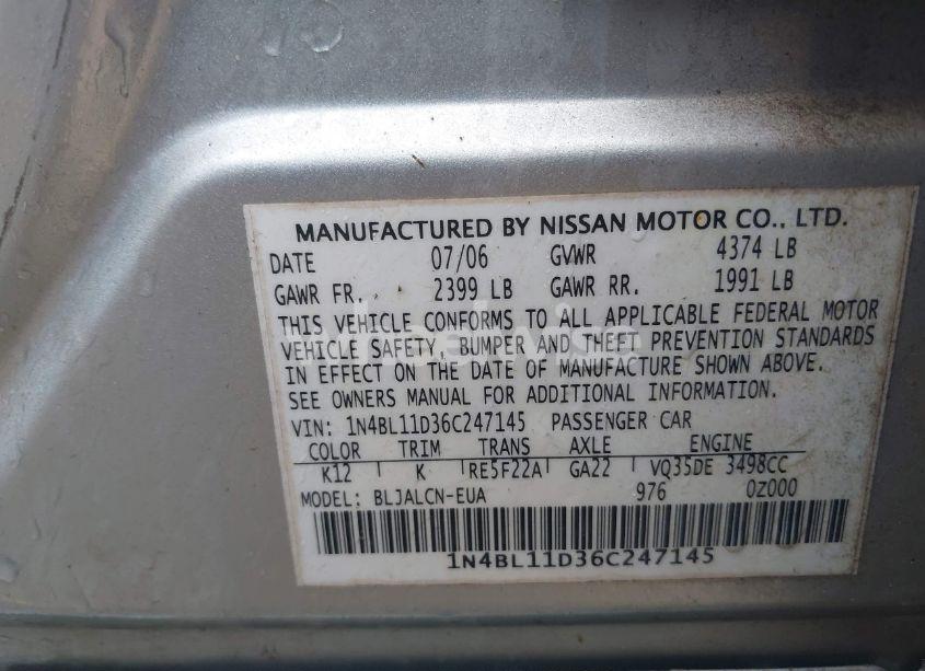 Photo 9 of 2006 Nissan Altima 3.5 SE (VIN 1N4BL11D36C247145)